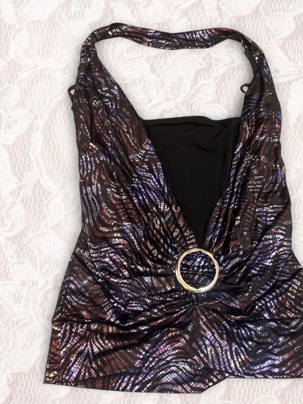 Wet Seal Metallic Black and Purple Halter Tank with Gold Ring
